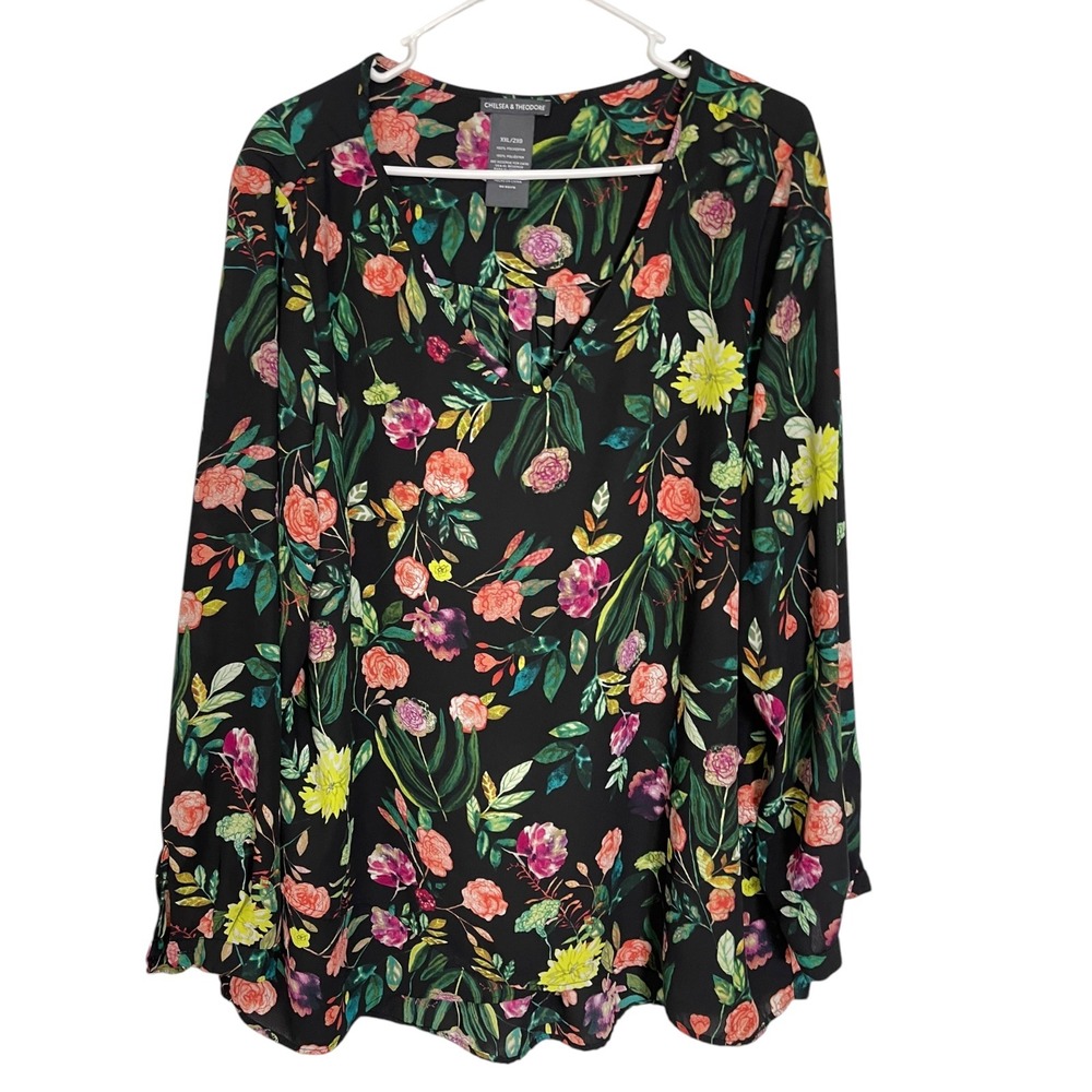 Chelsea & Theodore XXL Black Multi Floral Blouse Split Neck Long Sleeve Boho
